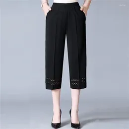 Women's Pants Casual High Waist Straight Elastic Female Clothing Fashion Hollow Out Loose Summer Pockets Basic Solid Color Capri