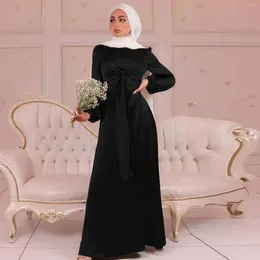 Casual Dresses Fashion Black Satin Muslim Dress Women's Hijab Abaya Maxi Long Sleeve Ramadan Islamic Clothing Dubai Kaftan
