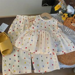 Clothing Sets Kids Girls Summer Fashion Colorful Dot Print Patch Mesh A-Line Tank Tops High Waist Wide Leg Pants 2pcs Leisure