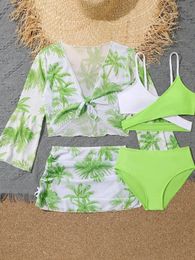 Girls 4pack Coconut Palm Print Bikini Sets with Beach Skirt Long Sleeve Crop Top Kids Swimsuit 7-12 Years Childrens Swimwear 240518