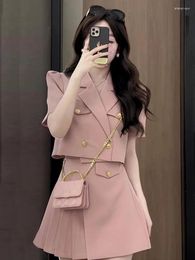 Two Piece Dress Fashion Preppy Summer Solid 2 Pieces Outfits Suits Women Ladies Short Cropped Tops Coat Blazer Suit Pleated Mini Skirt Set