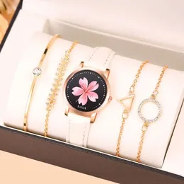 Wristwatches 5PCS Set Fashion Women Watches Simple Ladies Dress White Leather Quartz Watch Womens Casual Rose Gold Bracelet Wristwatch