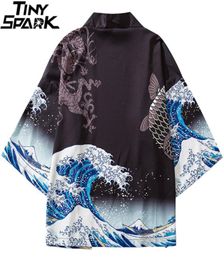 2020 Harajuku Kimono Jacket Japanese Kanagawa Great Wave Hip Hop Mens Streetwear Jacket Dragon Koi Fish Thin Gown Japan Style CX202343031