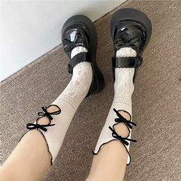 Women Socks JK Lolita Ribbon Y2K Bowknot Stockings Lace Stripe Balletcore Calf Ruffle Hollow Out Harajuku Mesh