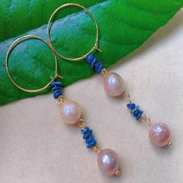 Dangle Earrings 12-13mm Fashion Natural Lilac Round Pearl Lapis Lazuli Gold Beaded Chandelier Gemstone Clip-on Art Women Ear Cuff