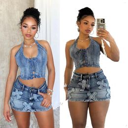 Skirts Two Piece Sets Women Spring Summer Denim Embroidery Set Sleeveless Sexy Bandage Backless Tops And Bodycon Mini