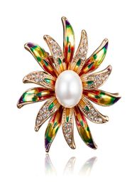 Large Pearl Rhinestone Sunflower Brooches Enamel Metal Flower Brooch Pin Pins Scarf Buckle Gift Women Jewelry8375399