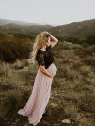 Romantic Pink Two Piece Prom Dresses Black Top Lace Short Sleeve Sheer Neck Cheap Country Bridesmaid Maternity Dress Boho Beach 204431156