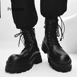 Boots British Style Motorcycle For Men Chunky Platform Men's Spring Retro Leather Side Zipper Heightening High Top Work Shoe