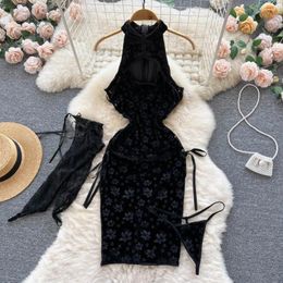Casual Dresses Sexy Lace Hollow Neck Open Lacing Medium-length Package Hip Embroidery Jacquard Cheongsam Dress