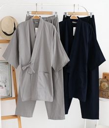 QWEEK Autumn Male Pajamas Sets 100 Cotton Kimono Mens Sleepwear Japanese Style Pyjamas Men Soft Home Wear 2 Pieces High Quality S5540133