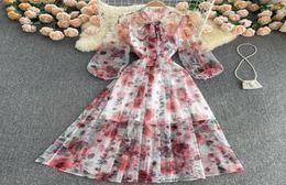 Casual Dresses SINGREINY Women Chiffon Print Maxi Dress French Bow Collar Puff Sleeve Aline Summer Elegant Vacation Long Sundress4529497