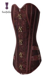 Waist Trainer Brocade Steampunk Jacquard Faux Leather Studded Overbust Brown Corset Bustier With Chains S6XL 9168246001