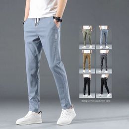 Cotton Mens Casual Pants Thin Fashion Classic Slim Drawstring Elastic Waist Stretch Blue Jogging Work Cargo Trousers Male 240518