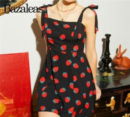 Bazaleas Holiday Vintage Party Dress Strawberry Print Adjust Spaghetti Straps Women Chic Slim Black Vestidos Casual Dresses2311034