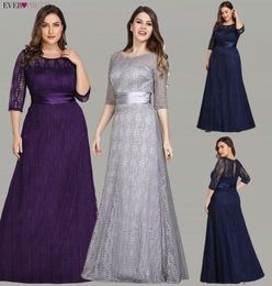 Elegant Plus Size Evening Dresses Long 2020 Ever Pretty Aline Lace Half Sleeve Grey Formal Party Gowns for Wedding LJ2011247206673