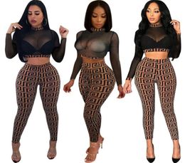 Autumn Women Sexy Sheer Plaid 2pc Pant suit Stretchy High Neck Long Sleeve Crop Top Long Slim Pantsuit Party Two Piece Outfits9168228