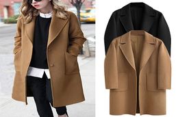Womens Winter Lapel Button Long Brown Coat Jacket Ladies Overcoat Outwear British style Solid Wool Blend Trench Outwear Overcoat L6874064