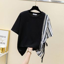 Women's T Shirts 4XL Plus Size Basic T-Shirt Women 2024 Spring Summer Design Side Stripe Lace-Up Tees Short Sleeve Tops Oversize Curve