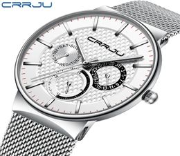 Mens Watches CRRJU Top Brand Luxury Waterproof Ultra Thin Date Clock Male Steel Strap Casual Quartz Watch White Sport WristWatch L7159708