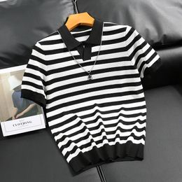 Men's Polos 2024 Summer Fashion Short Sleeved Striped Polo Shirts Male Casual Lapel Shirt Men Ice Silk Thin Knitted Tops D605