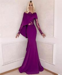 Purple Arabic Lace Appliqued Prom Dresses Bateau Neck Long Sleeves Evening Gowns Mermaid Vestidos De Fiesta Floor Length Formal Dr2083731