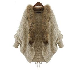 Women Winter Cardigan Thick Poncho Capes Pull Femme Autumn Brand Fashion Knitted Fur Collar Wool Sweater Jacket Bat Sleeve Coat2018949