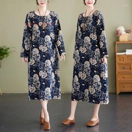 Ethnic Clothing 2024 Chinese Traditional Cheongsam Dress National Cotton Linen Qipao Retro Flower Print O-neck Oriental Folk