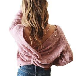 Back V Neck Pearl Beaded Detail Sweater 2018 Fashion Long Sleeve Plain Pullovers Sweaters Women Casual Knitting Jumper9445256