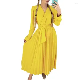 Casual Dresses Elegant Party Maxi Dress Fashion Women Pleated Arrival Autumn Winter V Neck Puff Long Sleeve Solid Office Lady Fairy Dreess