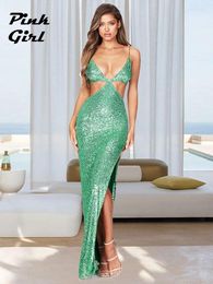 Casual Dresses Fashion Women Urban Sexy Backless Slit Sequins Evening Dress Lady Cocktail Party Euphoria Style Hollow Out Low Cut Maxi
