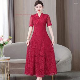 Ethnic Clothing 2024 Chinese Improved Qipao Dress Vintage A-line Cheongsam National Lace Flower V-neck Evening Banquet Vestido