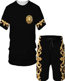 Summer Golden Pattern Lion Head Printed Men TshirtShortsSuit Graphic Oneck T Shirt and Shorts Short Sleeved Men039s Tracksu2836046