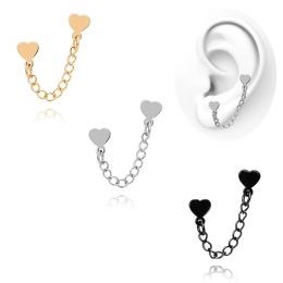 Surgical Steel Heart Stud Earrings with Chain Double Ear Hole Piercing Cartilage Earring Tragus Helix Unisex Fashion Jewellery