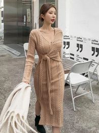 Casual Dresses Fashion Autumn Winter Knitted Skinny Long Dress Women Ladies Clothes Sweater Inner-Match V-Neck Slim Midi Robe Mujer Vestido