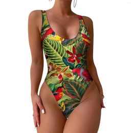Women's Swimwear Tropical Birds Flower Swimsuit Women Sexy Leaves Print One Piece Push Up Bodysuit Stylish Surfing Bathing Suit