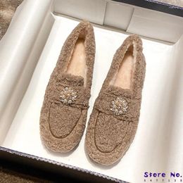 Casual Shoes Winter High Quality Lamb Wool Keep Warm Women's Pearl Flowers Slip-on Loafers Solid Colour Fluffy Flat Women