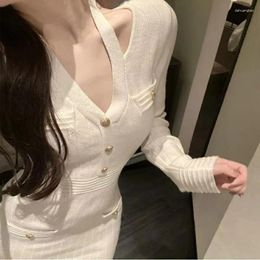 Casual Dresses Korean Sexy Hollow Out V-neck Full Sleeves Knit Autumn Women's Dress Off Shoulder Slim Mini Wrap Hip Hanging Neck