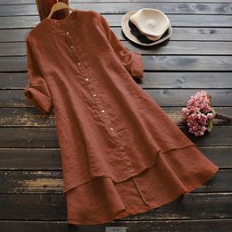 Womens Spring Solid Cotton Linen Shirt Dress Ladies Loose Long Tops Blouse Plus Size Clothes Clothing 2024 240510