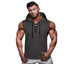 Fashion Hooded Tank Tops Sports Bodybuilding Muscle Cut Off T Shirt Men039s Sleeveless Gym Hoodies Tshirt Hip Hop laceup Tee 7702436