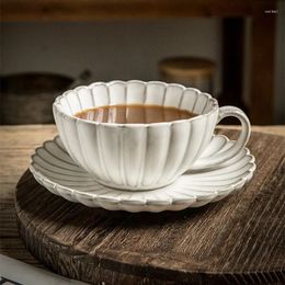 Mugs Retro Style 220ml Ceramic Coffee Saucer Set Water Cups Petal-shaped Cup Kiln Change Glaze Relief Process Birthday Gift