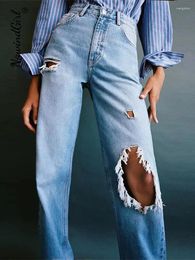 Women's Jeans Blue For Women Ripped Denim Pants Casual High Waist Wide Leg Female Vintage Streetwear Women's Trousers Fashion