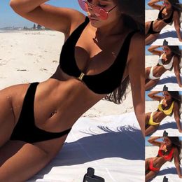 Women's Swimwear 2024 Summer Fashion Bikini Set Sexy Solid Color High Waist Gold Lock Swimsuit Stand Out Figure Low Waisted
