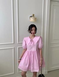 Casual Dresses Korean Chic Summer Sweet Age Reduction Doll Collar Bow Tie Loose Little Man Bubble Sleeve Dress Female