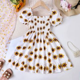 Girl Dresses Summer Vacation Style Bubble Sleeves Sunflower Print Dress For Middle School Children And Girls