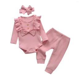 Clothing Sets Cute Born Baby Girl 3PCS Clothes Set Ruffles Trim Knitted Long Sleeve Romper Bodysuit Top Infant Pants Headband Outfit