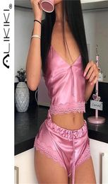 Women039s Sleepwear Ladies Sexy 2 Piece Satin Silk Pyjama Set Sleeveless Pyjamas Sleep Shorts Set Lace Pijama Suit Sleepwear Fo1150250