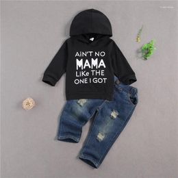 Clothing Sets 6-36months Baby Boys Spring Autumn Set Letter Print Grey Black Long Sleeve Hooded Pullover Ripped Jeans Outfits For Toddler