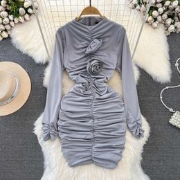 Casual Dresses Spring And Autumn 3D Flower Standing Neck Bodycon Dress Women Fashion Sexy Show Thin Wrapped Waist Pleated Mesh