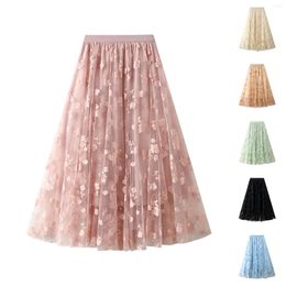 Skirts Summer Flocking Mesh Patchwork Female Elegant Korean Style Pleated A-line Midi Skirt High Waist Sheer Floral